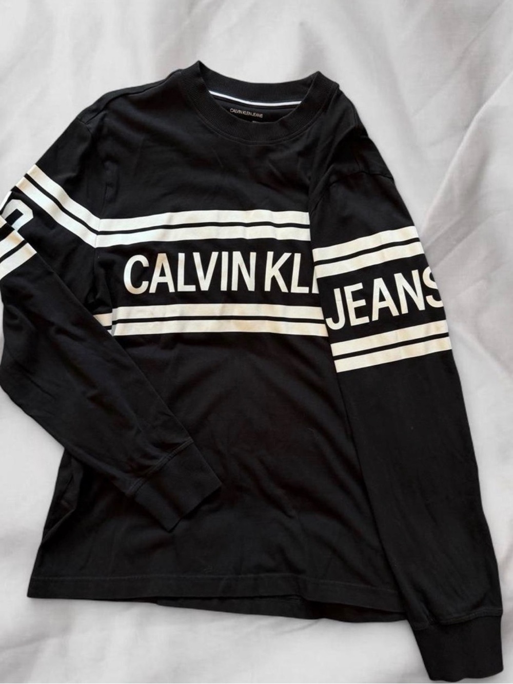 Calvin Klein Black and White Striped Logo Long Sleeve Shirt - Picture 2 of 4
